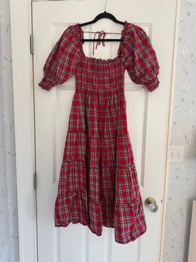 Hill House Red Tartan Smocked Neck Dress